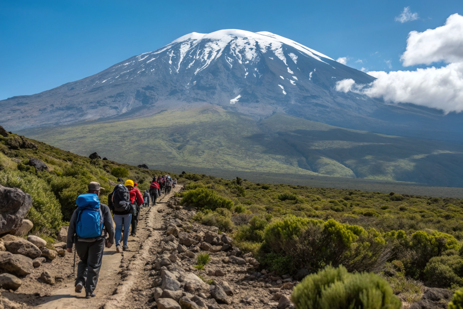 A group of hikers climbing Mount Kilimanjaro with the snow-capped peak in the background.