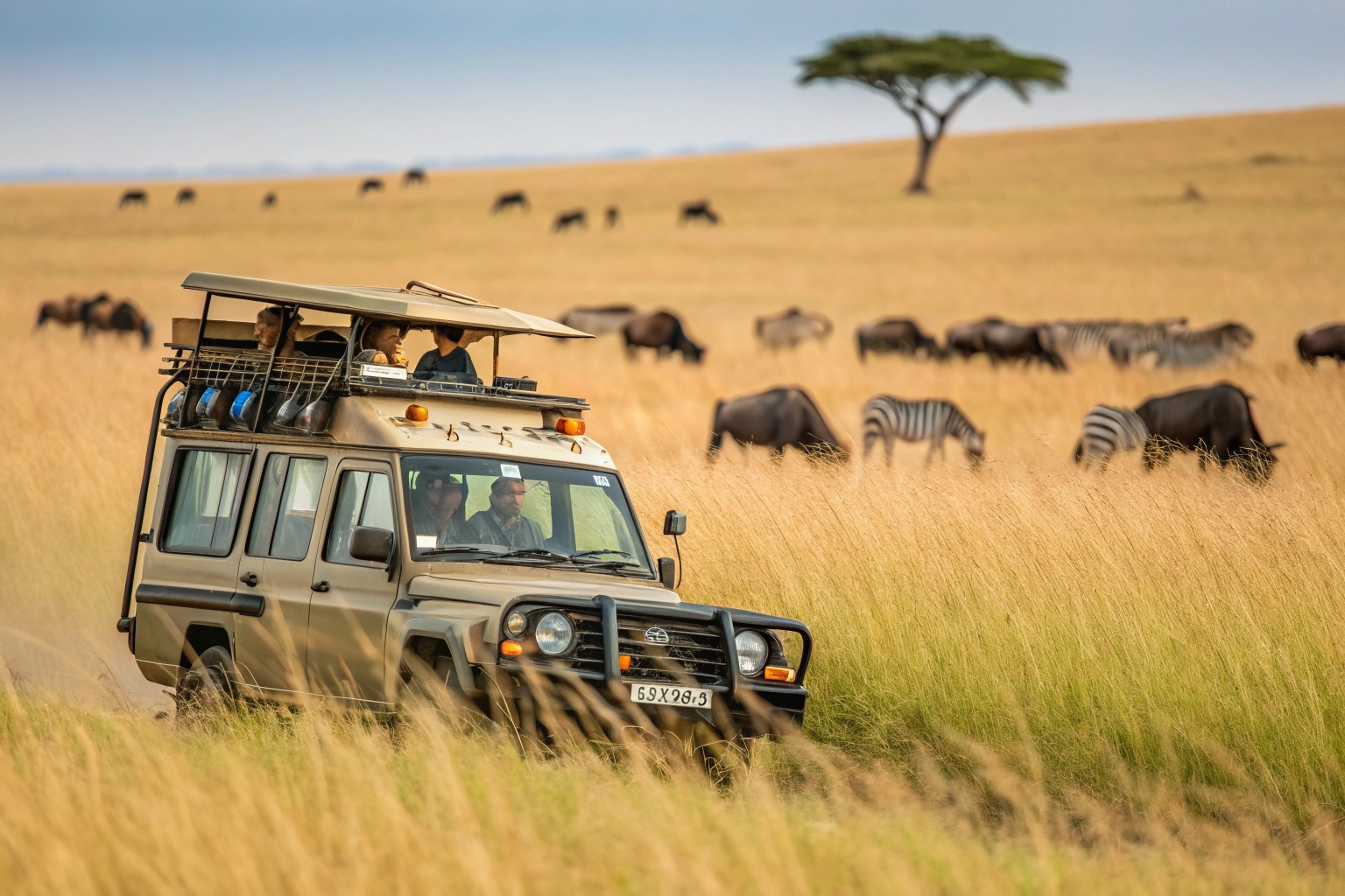 A safari vehicle driving through the Serengeti savanna.