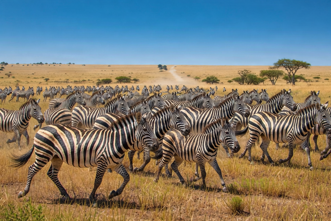 A group of zebras migrating across the savanna.