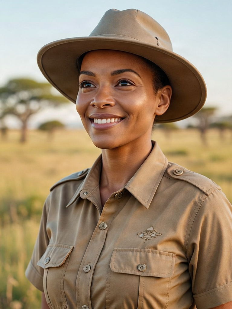 A professional safari guide pointing towards the horizon.