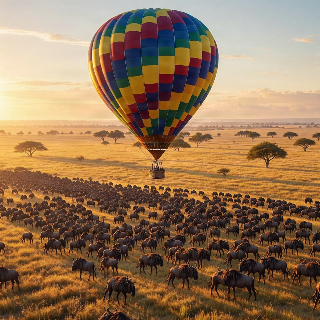 A hot air balloon floating over the Serengeti at sunrise.