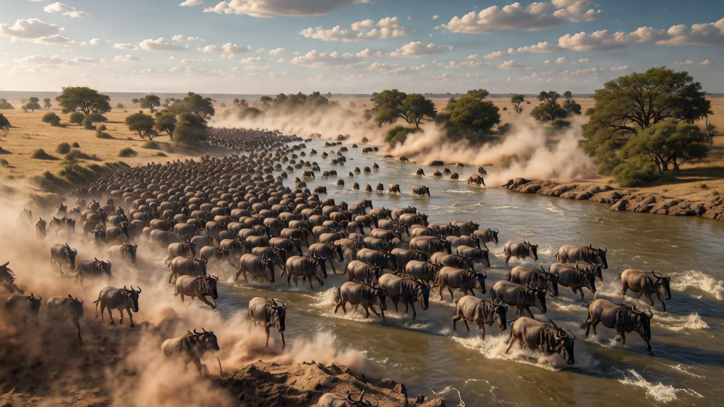 Thousands of wildebeest crossing the Mara River during the Great Migration.