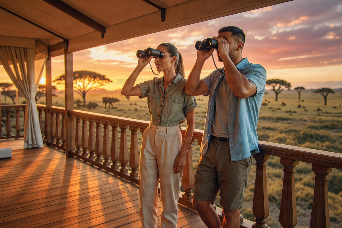 A group of travelers watching the migration from a luxury tented camp.